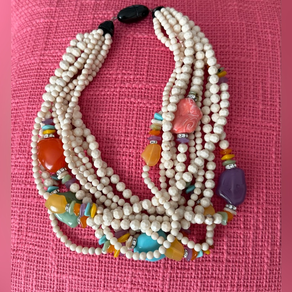 Chunky Runway Beaded Multi-Strand Necklace with Colorful Faux Gemstones